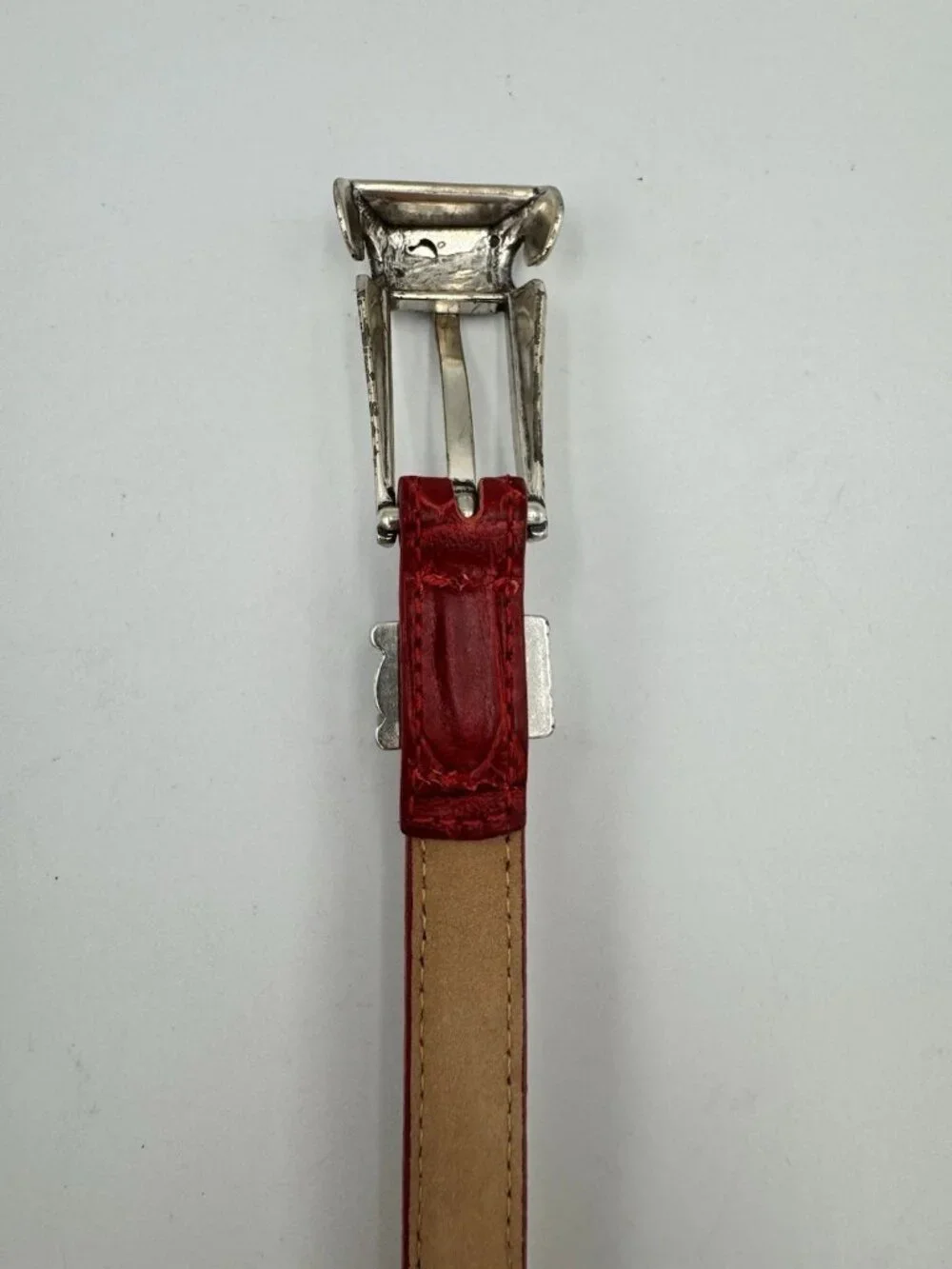 Brighton Silver Floral Buckle Red Croc Skinny Belt Sz L/34